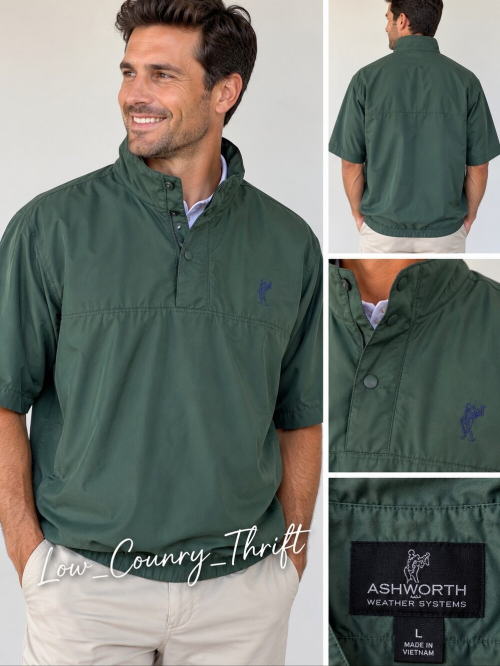 Ashworth Weather Systems Golf Windbreaker Men's L Green Short Sleeve Pullover